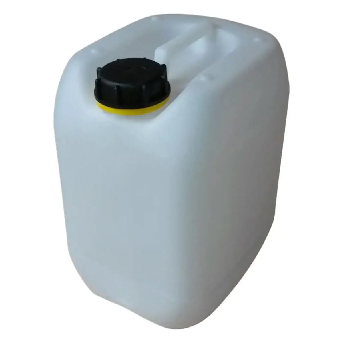 Weißer kunststoffkanister 10 liter mit schwarzem deckel und gelbem rand aus HDPE natur material DIN45