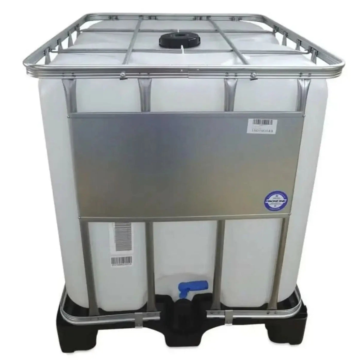 1000 liter ibc container aus weißem pe-kunststoff mit metallrahmen, schwarzem deckel und blauem ventil am boden
