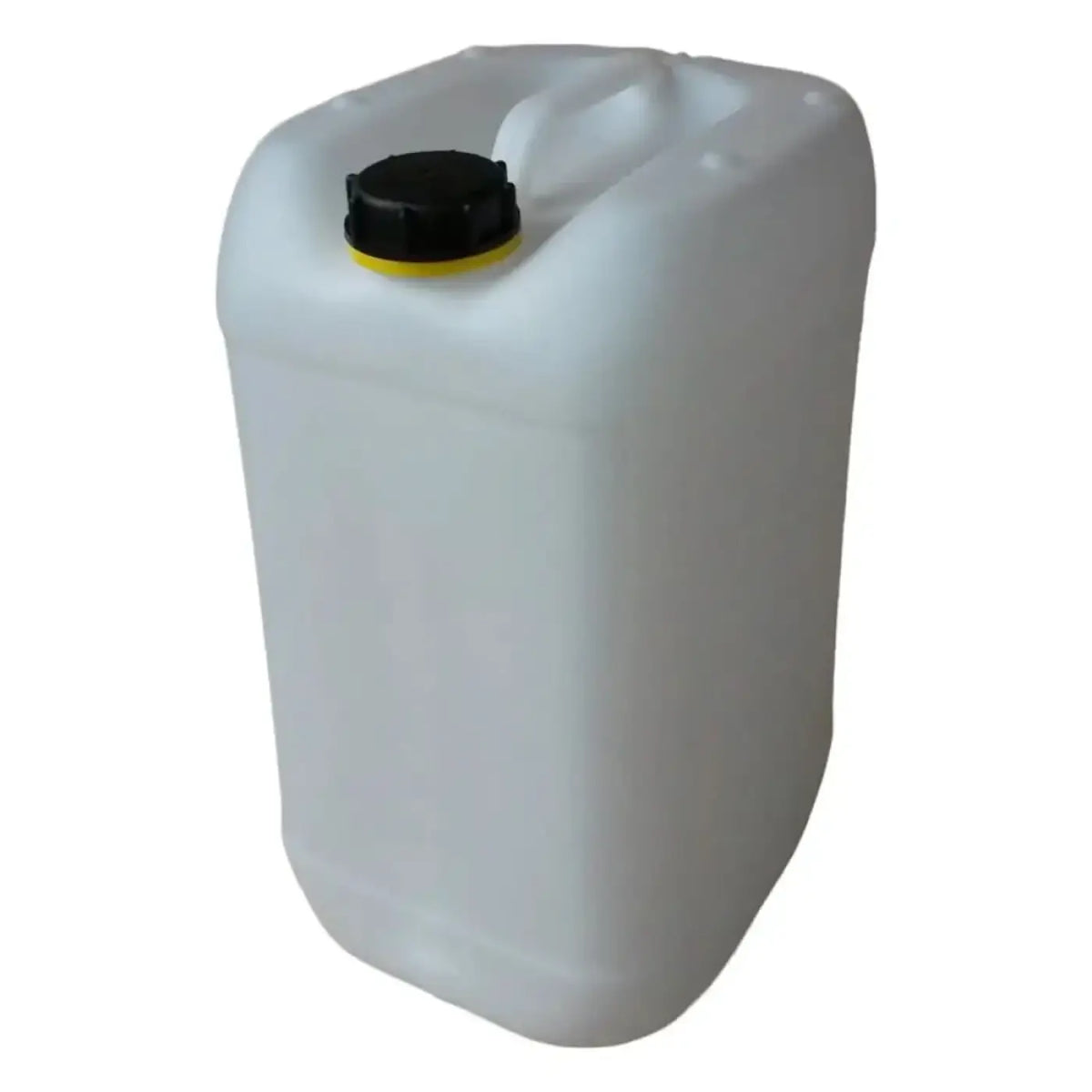 Weißer kunststoffkanister 25 liter din61 hdpe mit schwarzem deckel und gelbem dichtungsring