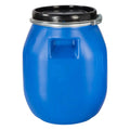 30 liter weithalsfass aus blauem kunststoff mit griffmulde schwarzem deckel und silberner metallklammer