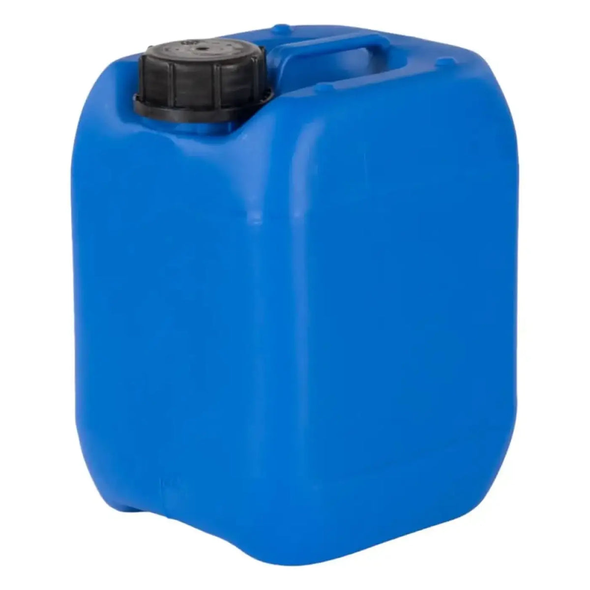 Blauer kunststoff kanister 5 liter mit schwarzem schraubverschluss und integriertem griff aus hdpe nach din 45