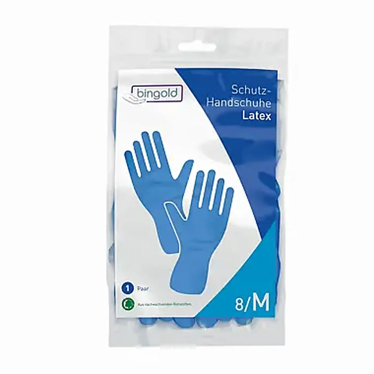 Bingsold blau latex schutzhandschuhe in klarem plastikverpackung mit blau weißem etikett