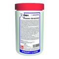 Ein weißer zylindrischer behälter mit rotem deckel und blauem etikett zeigt das produkt hmk r761 power-granulat