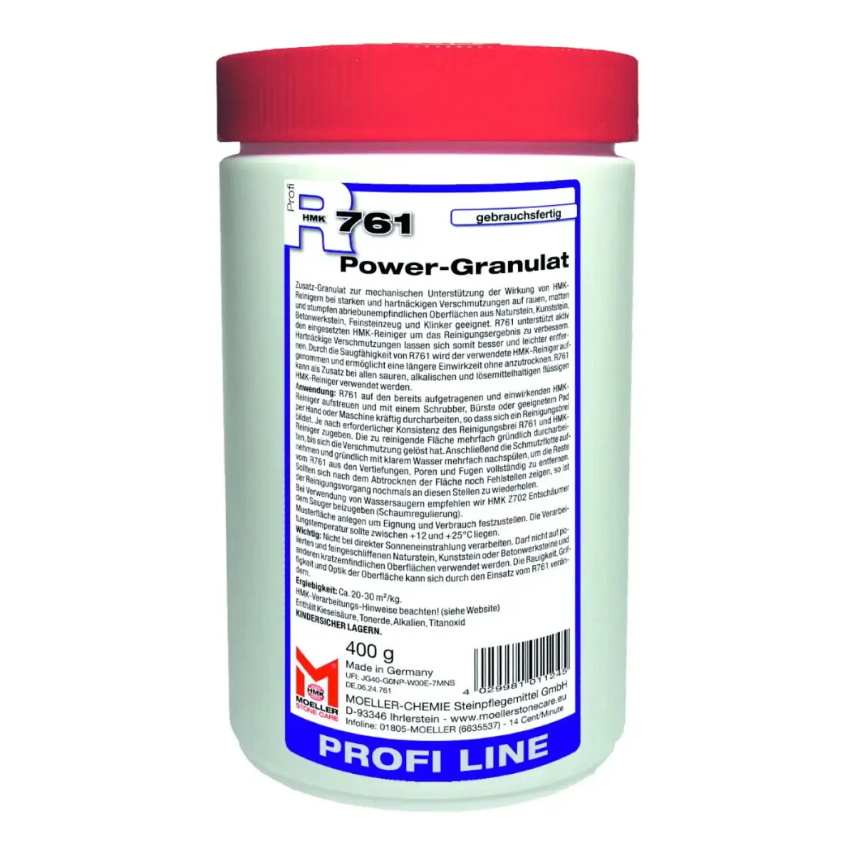 Ein weißer zylindrischer behälter mit rotem deckel und blauem etikett zeigt das produkt hmk r761 power-granulat