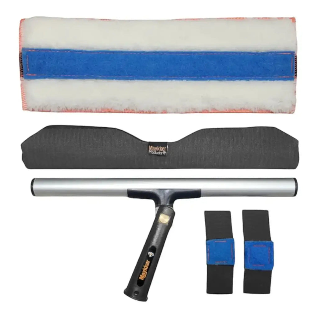 Maykker einwascher komplett set switchmop mit silbernem griff, schwarzem haltgummi, blau-weißem mikrofaserpad und zwei schwarzen gummistreifen
