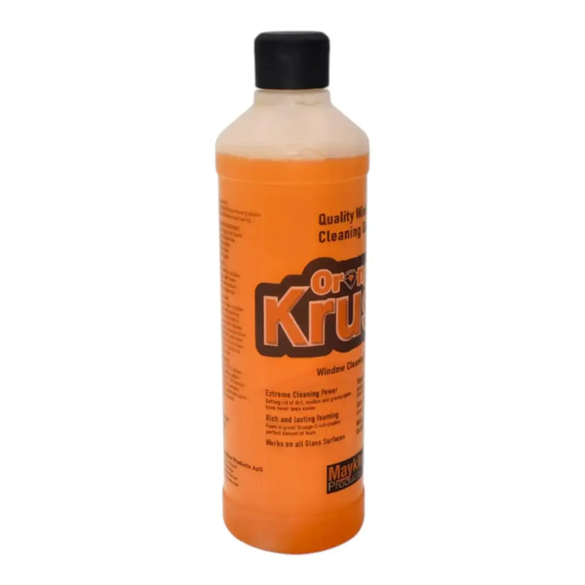 Orange flüssiger fensterreiniger in klarer plastikflasche mit schwarzem verschluss und orangefarbenem etikett ort krus