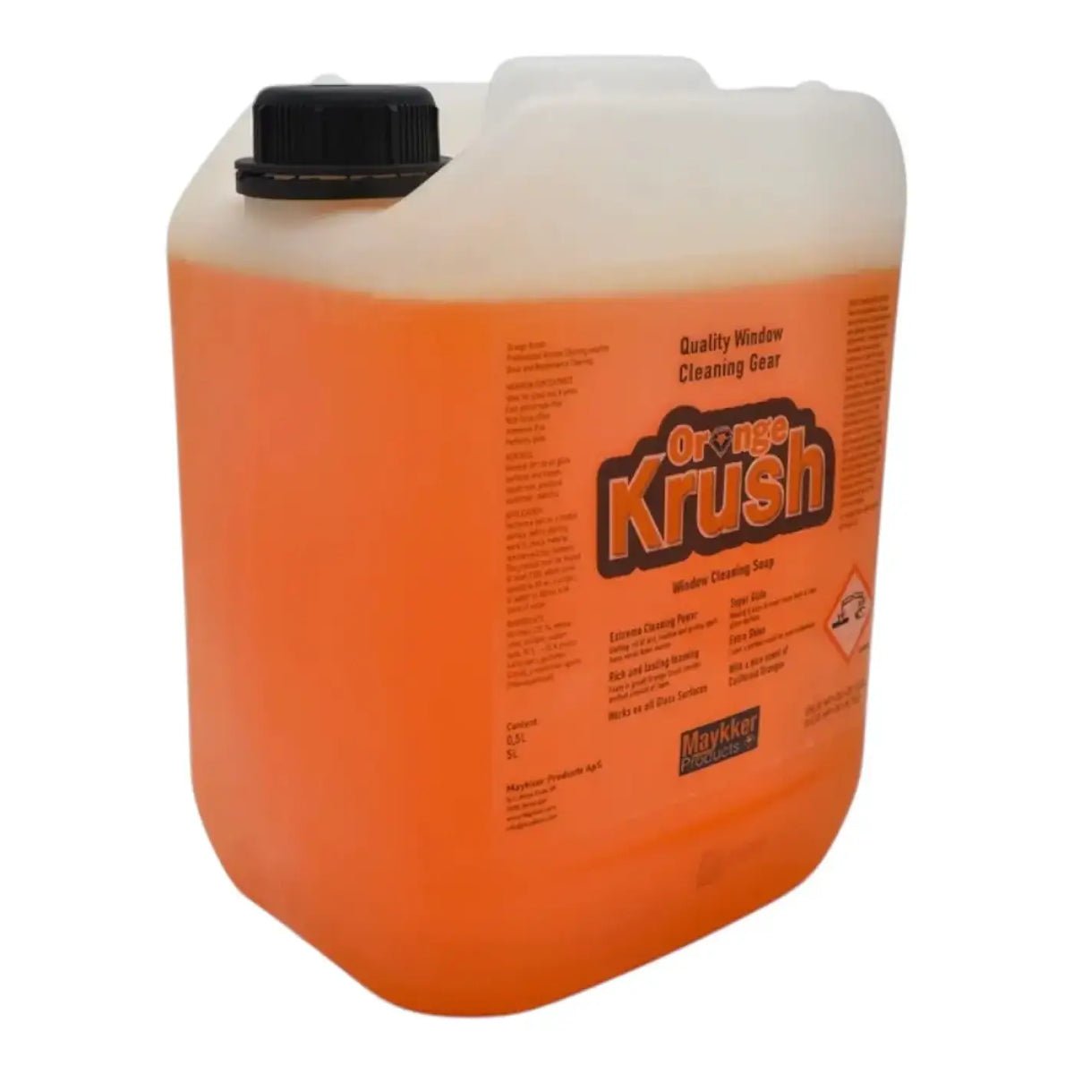 Maykker orange krush glasreiniger seife in weißem kunststoffkanister mit schwarzem verschluss und oranger flüssigkeit