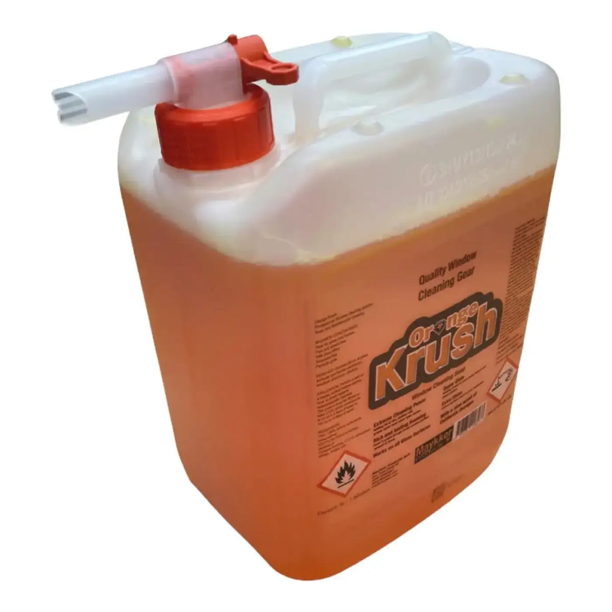 Maykker orange krush glasreiniger seife in einem durchscheinenden weißen plastikkanister mit orangenem verschluss und ausguss