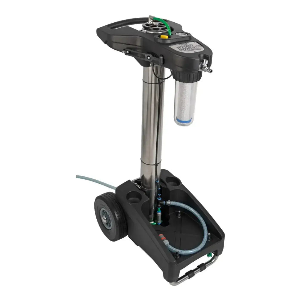 Schwarzer und edelstahl industrieller luftkompressorwagen mit transparentem zylindrischem filtergehäuse ungner hydropower nano filter basis nanoe