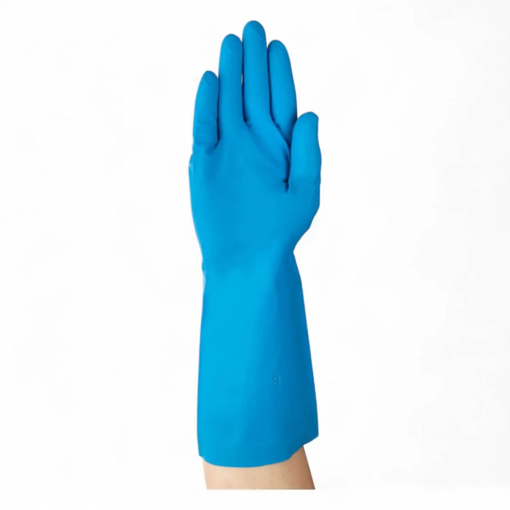 Ansell alphatec 37-210 chemikalienschutzhandschuh in hellblau mit glatter, robuster Oberfläche und langem Schaft