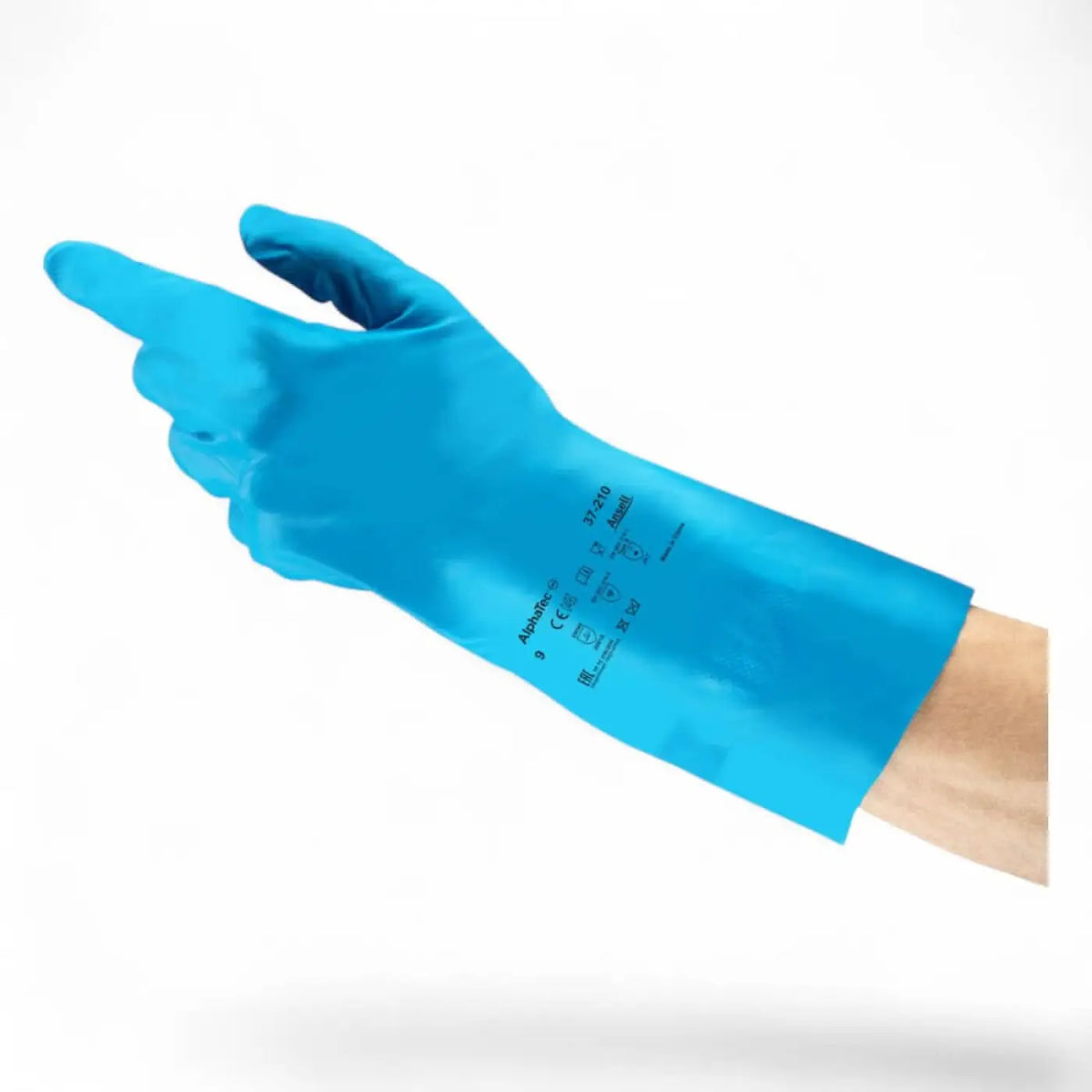 Bright blue ansell alphatec 37-210 chemikalienschutzhandschuh mit glatter glänzender oberfläche und branding am handgelenk