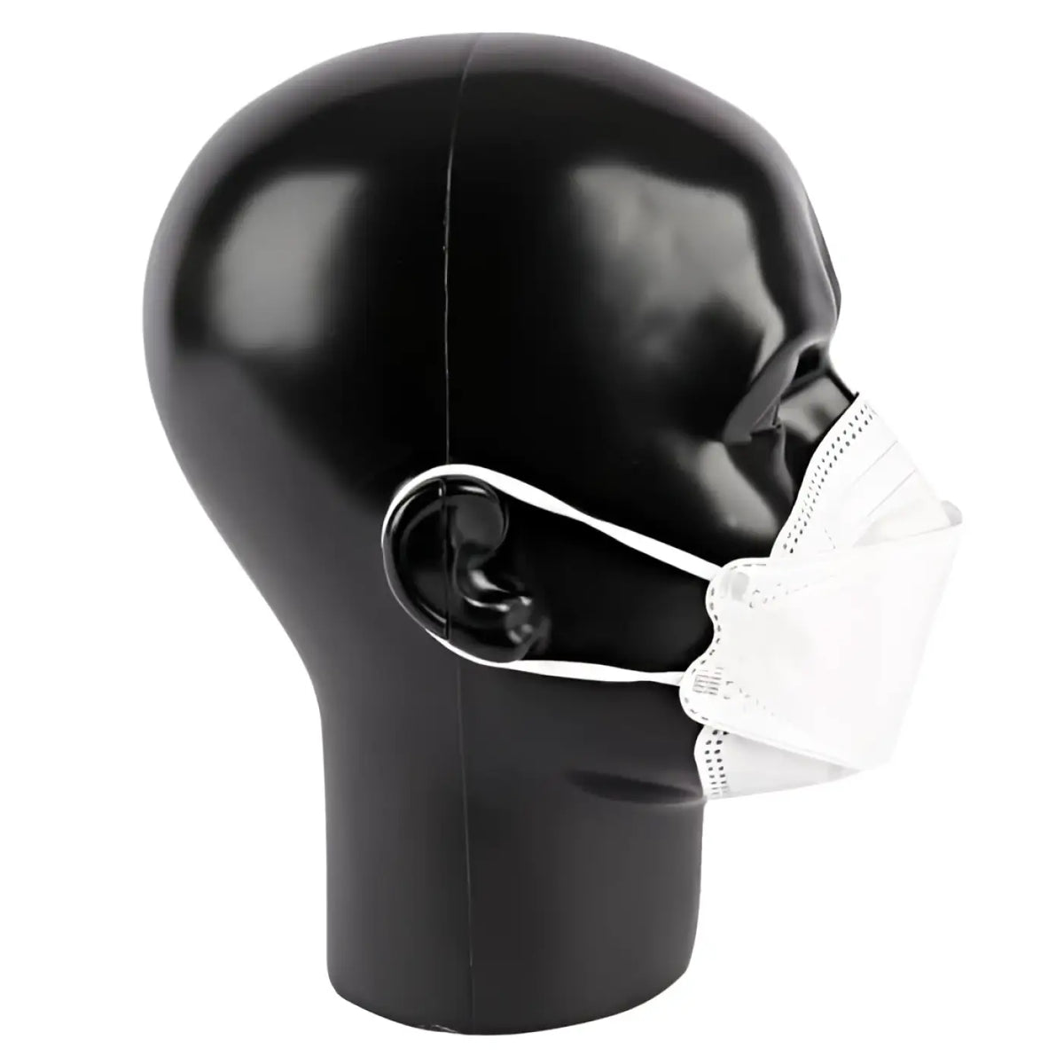 Weißes ffp2 atemschutzmaske mit elastischen ohrschlaufen aus pp im 3d-design auf schwarzer mannequin-kopf