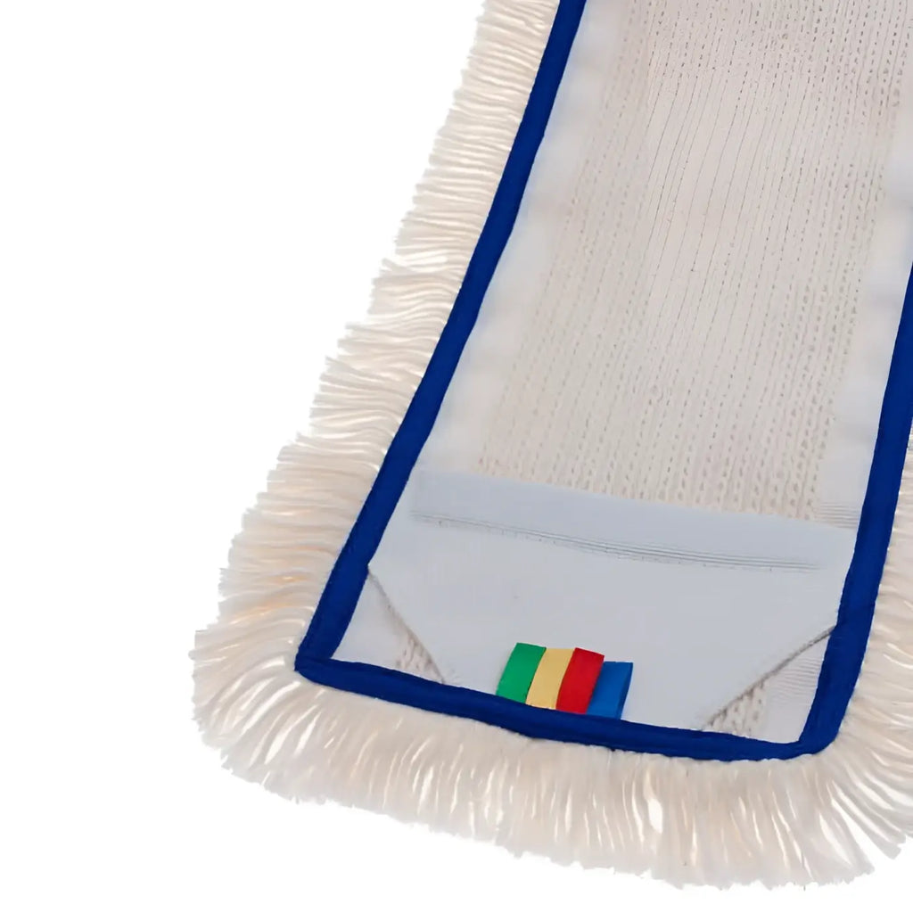 Weißes mikrofasermoppkopf mit blauem rand und buntem gestreiftem logo für baumwoll-tuftmopp prestige tmp 5 stück