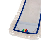 Weißes mikrofasermoppkopf mit blauem rand und buntem gestreiftem logo für baumwoll-tuftmopp prestige tmp 5 stück