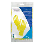 Bingo ld latex schutzhandschuhe gelb in klarer plastikverpackung mit blau weißem etikett