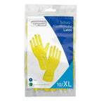 Bingold latex schutzhandschuhe gelb in klarer plastikverpackung mit blauer und weißer etikettierung