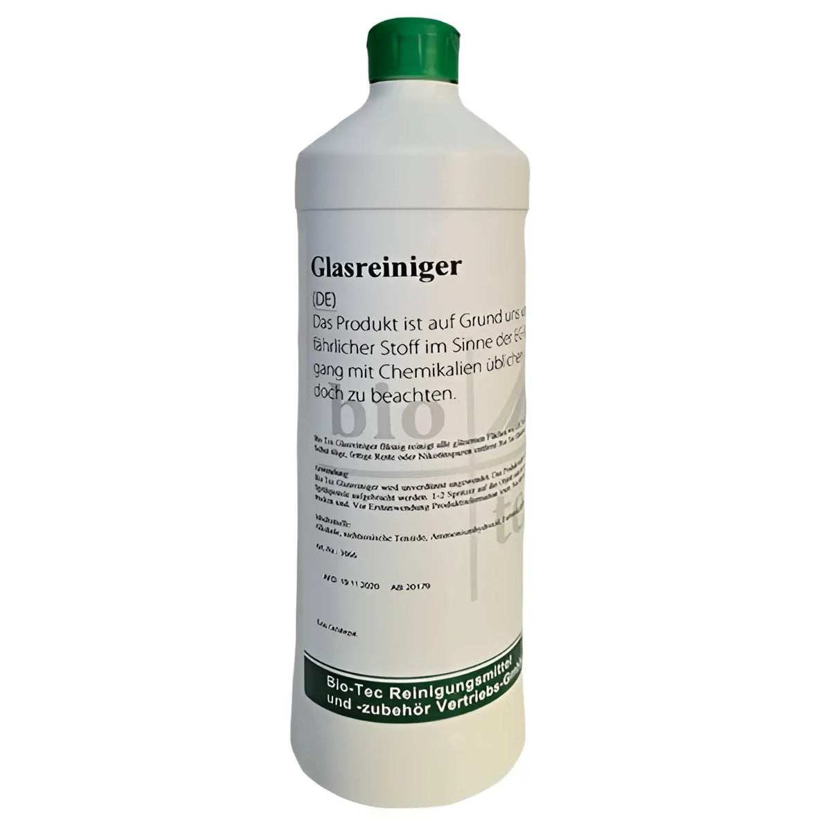 Weiße plastikflasche mit grünem verschluss und etikett bio-tec glasreiniger halal zertifizierter allzweckreiniger citrus 1l