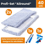 Hellblaue mikrofaser wischmopps mit weißen kunststoffrahmen 40 cm profi-set allround bodenwischer