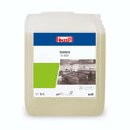 Ein 10-liter durchsichtiger kunststoffbehälter buzil bistro g435 intensiv küchenreiniger mit blau weiß grünem etikett