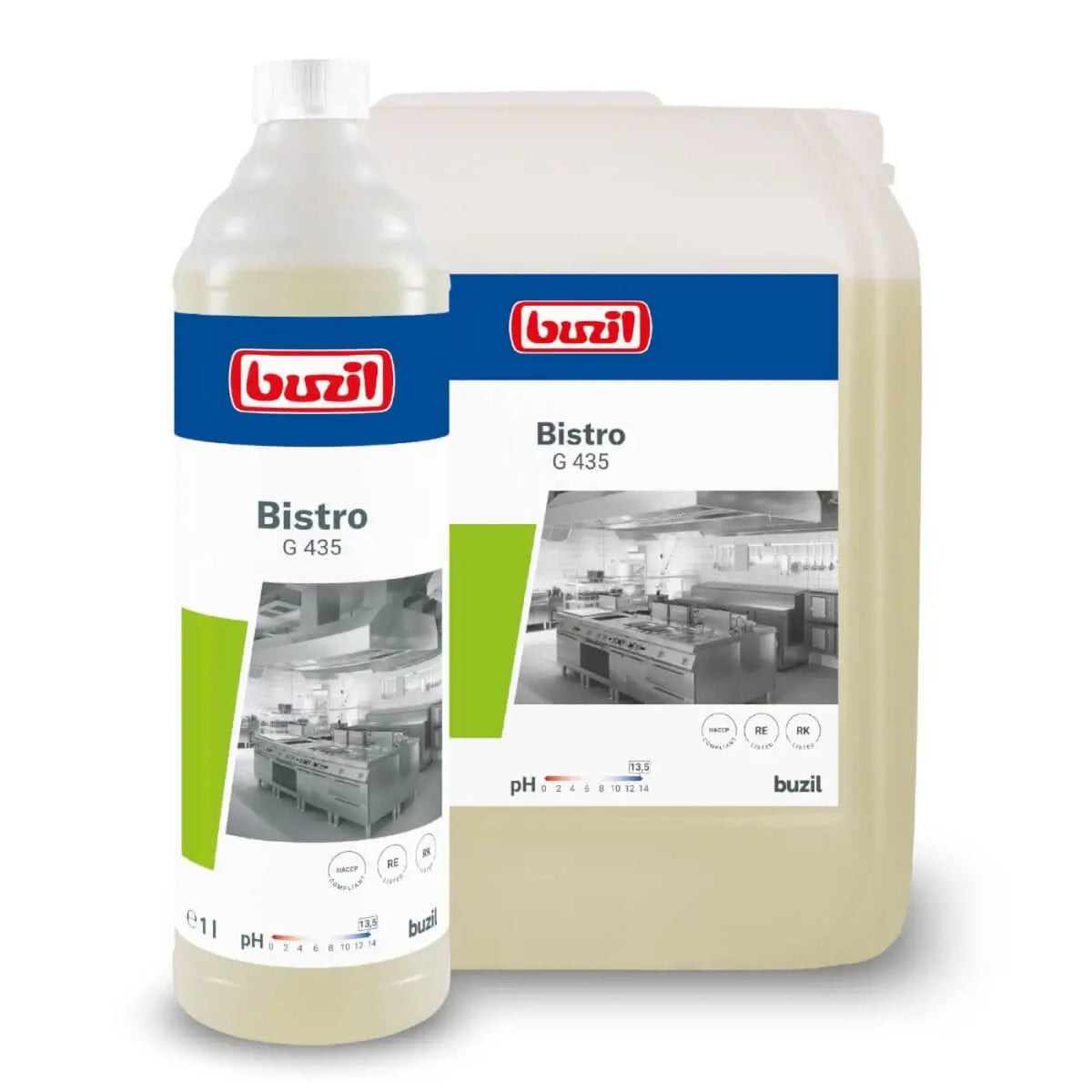Buzil bistro g435 küchen-intensivreiniger in transparenter flasche und großer kanister mit blau-grünem etikett