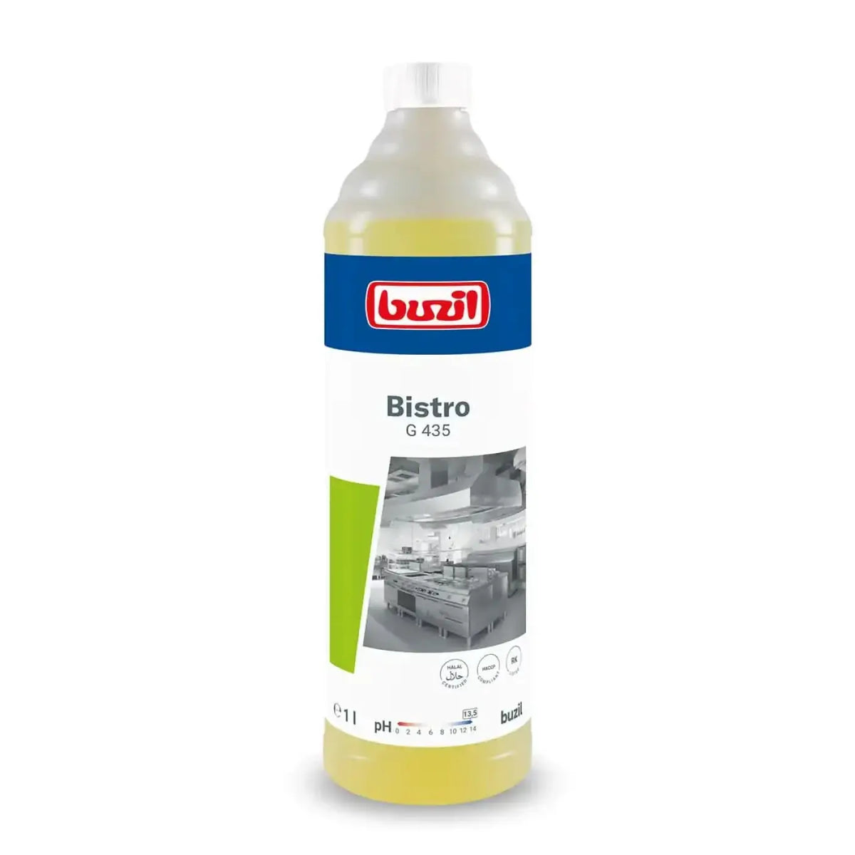 Eine klare plastikflasche mit weißem deckel und blassgelber flüssigkeit von buzil bistro g435 küchen-intensivreiniger 1l