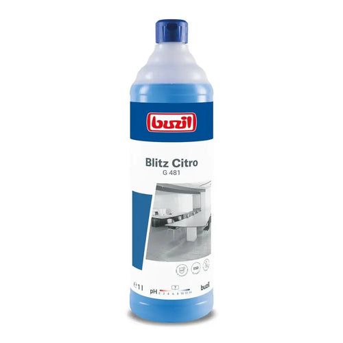 Blaue plastikflasche buzil blitz citro g481 allzweckreiniger mit zitronenduft und bild eines sauberen büroraums