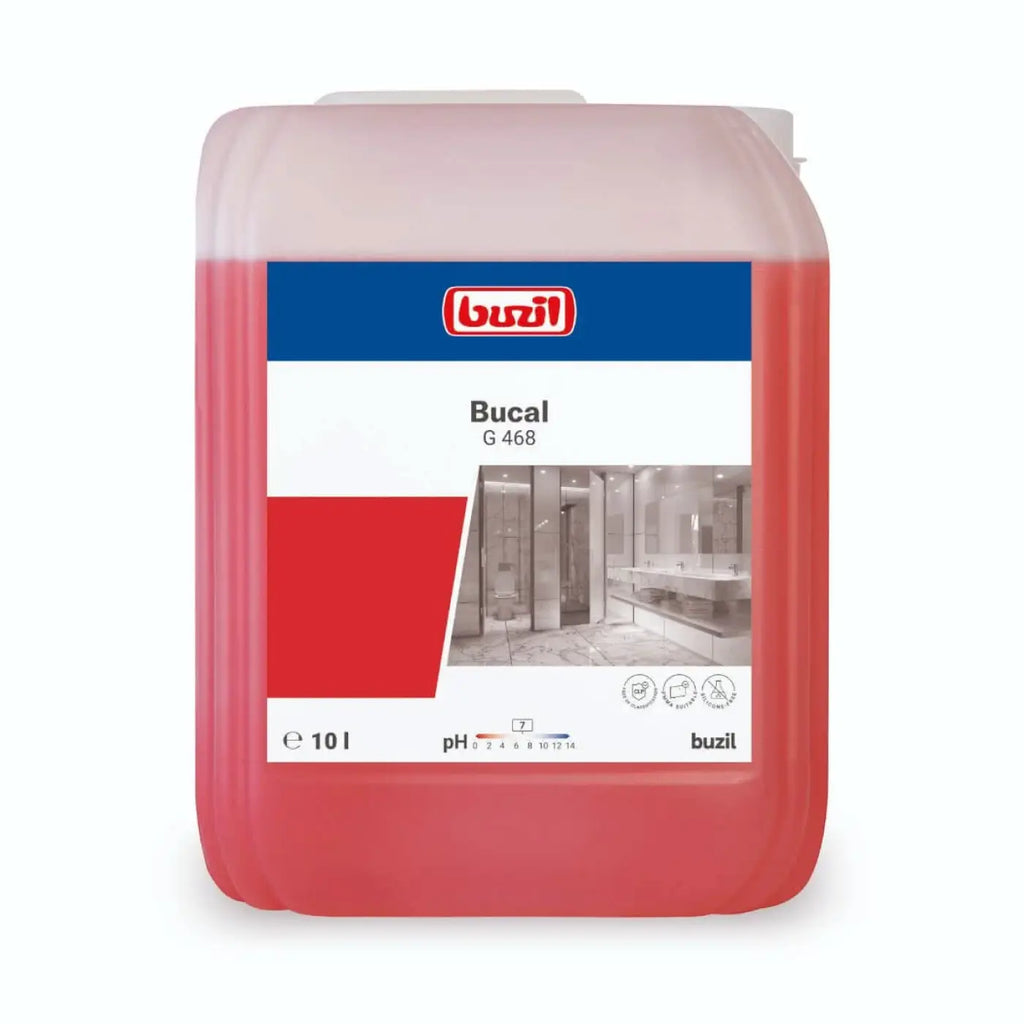 Ein 10-liter buzil bucal g468 säurefreier sanitärunterhaltsreiniger in rotem transparentem kunststoff mit weißem verschluss