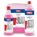 Rosa buzan sanibond g457 flaschen mit roten verschlüssen und blauen etiketten für säure sanitärreiniger 1l