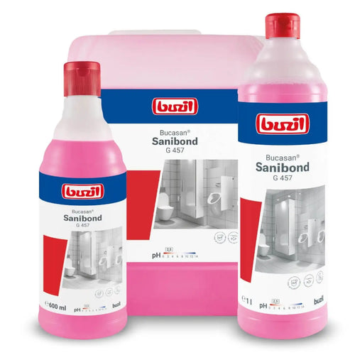 Rosa buzan sanibond g457 flaschen mit roten verschlüssen und blauen etiketten für säure sanitärreiniger 1l