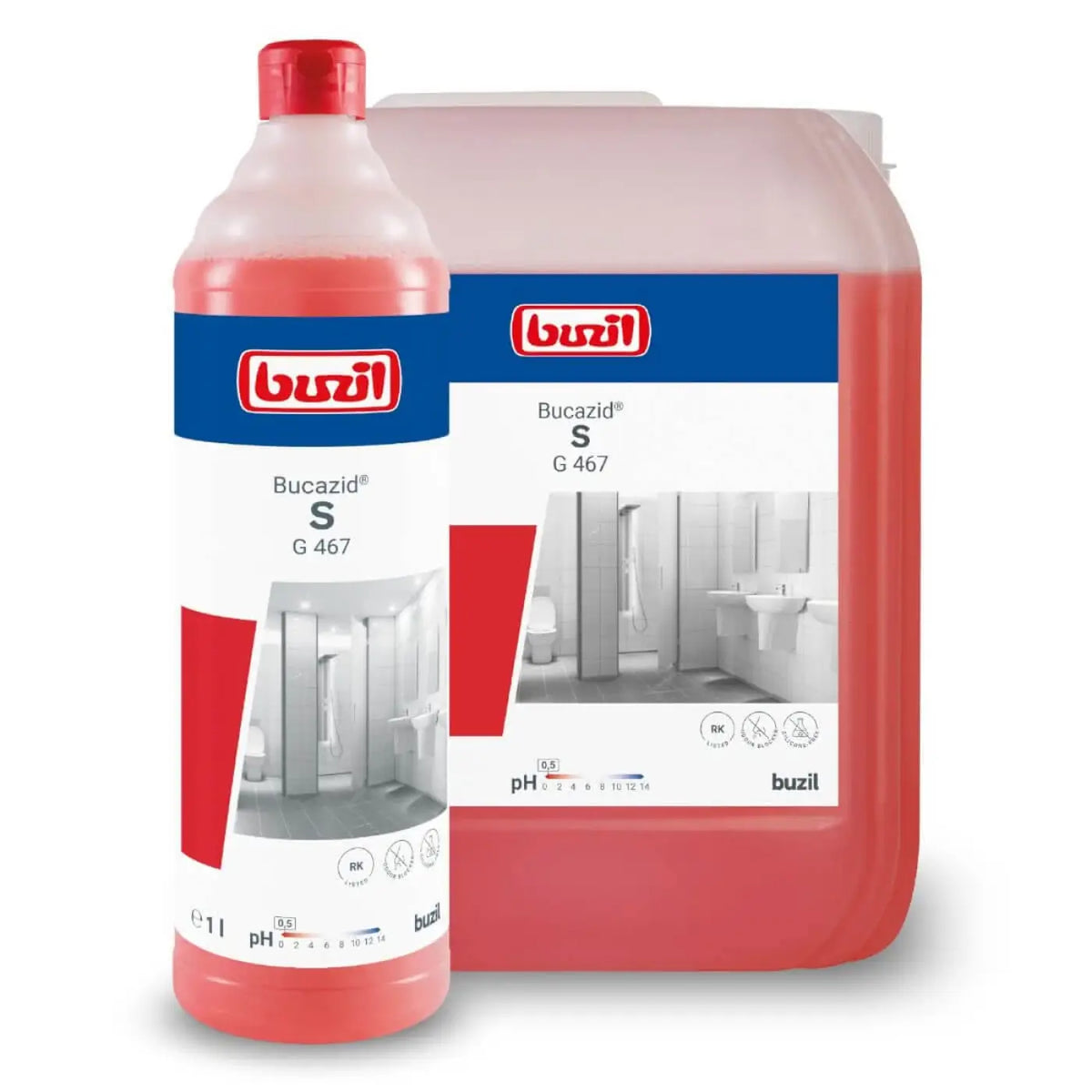 Rotes flüssiges reinigungsmittel buzil bucazid s g 467 in transparenter flasche und großer kanister für sanitärbereich