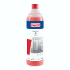 Ein roter plastikflasche bucazid s g 467 sanitärreiniger von buzil mit blau-weißem etikett und badezimmerbild