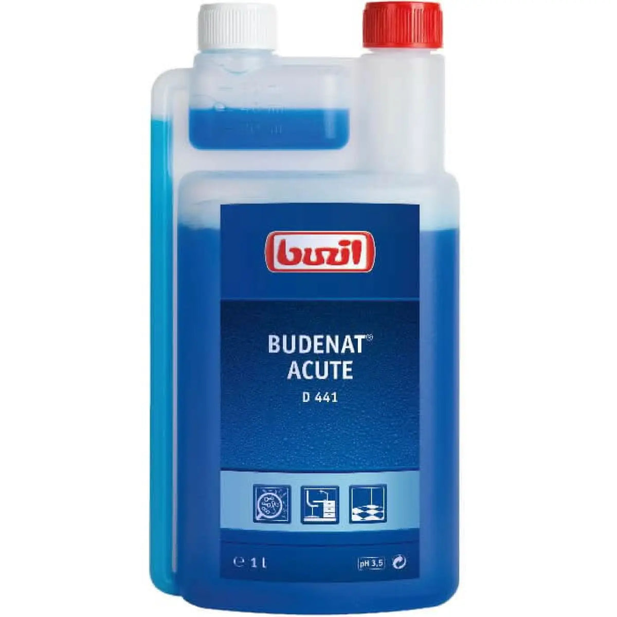 Blaue flasche mit 1 liter budenat acute d441 desinfektionsreiniger und weißer kappe mit rotem schraubverschluss