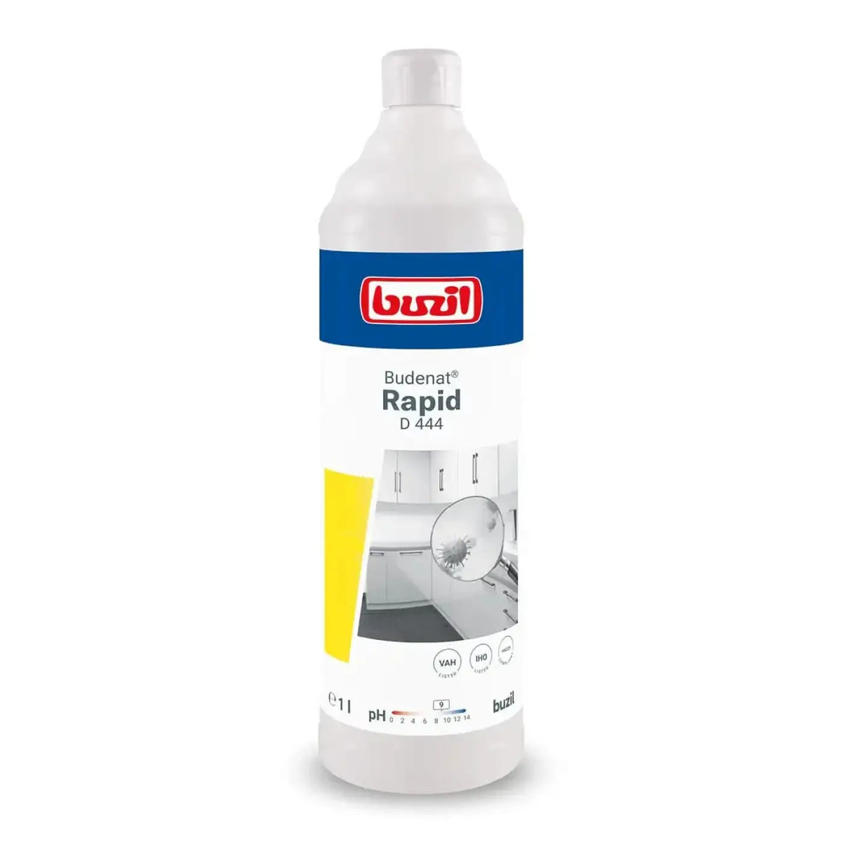 Weiße plastikflasche mit buzil budenat rapid d 444 schnelldesinfektionsmittel und blau weißem etikett