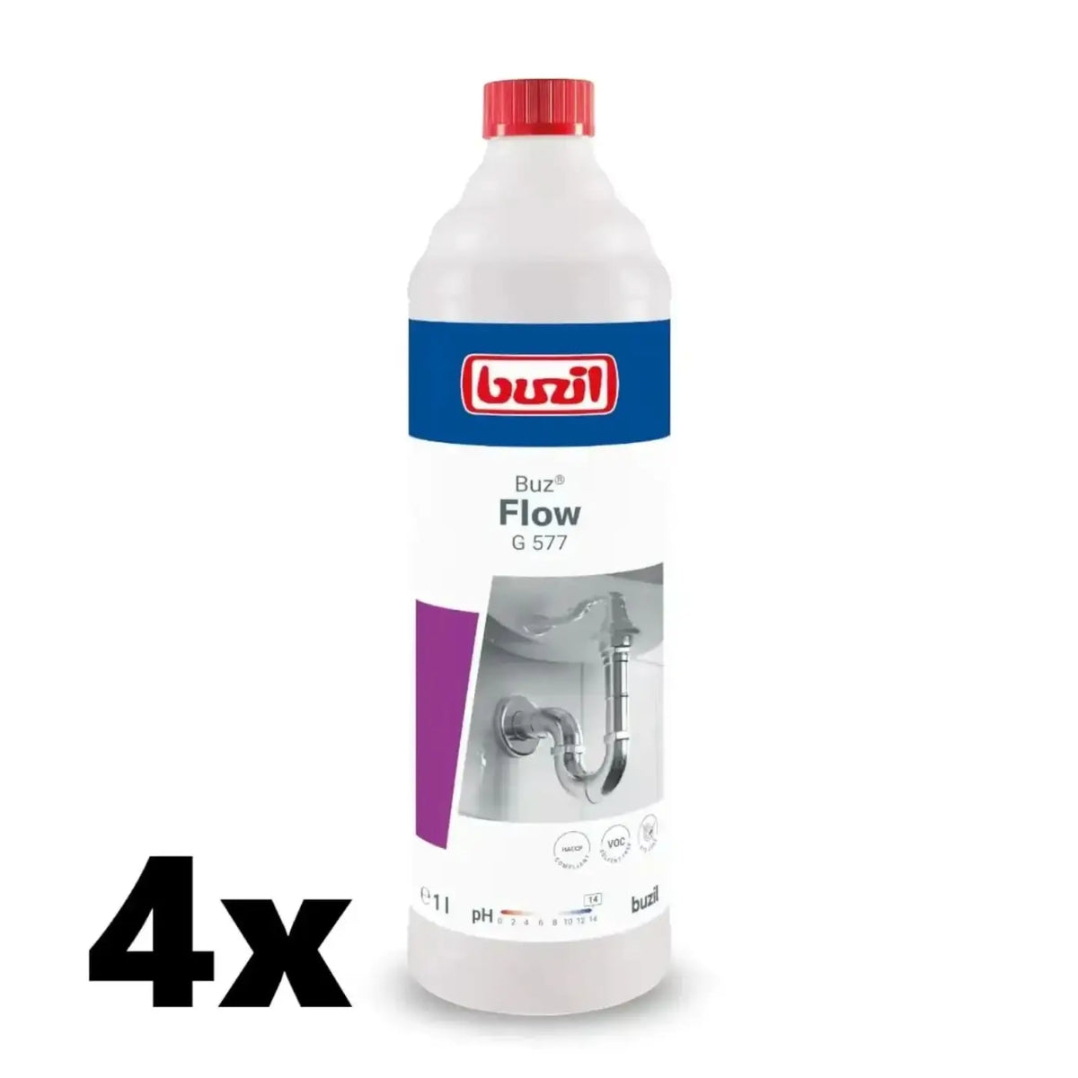Weiße plastikflasche mit rotem verschluss und blauem etikett der marke buzil flow g 577 abflussreiniger 1l für rohre