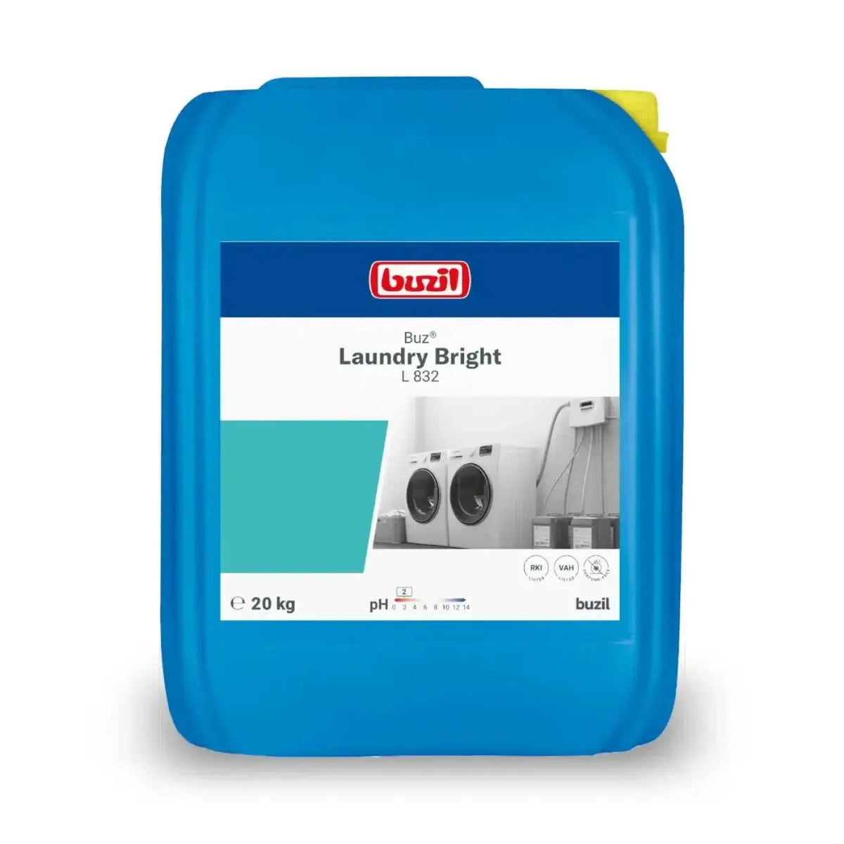 Blauer plastikkanister buzil buz laundry bright l832 bleich- & desinfektionswaschmittel mit gelbem deckel und weißem etikett