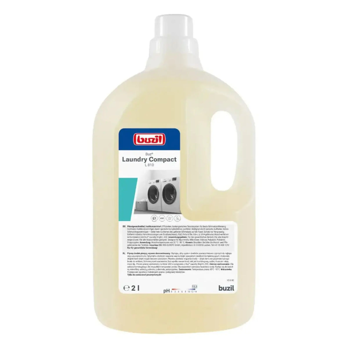 Eine durchscheinende beige kunststoffflasche mit integrierbarem griff und weißem schraubverschluss vom buzil buz laundry compact l 810 waschmittel