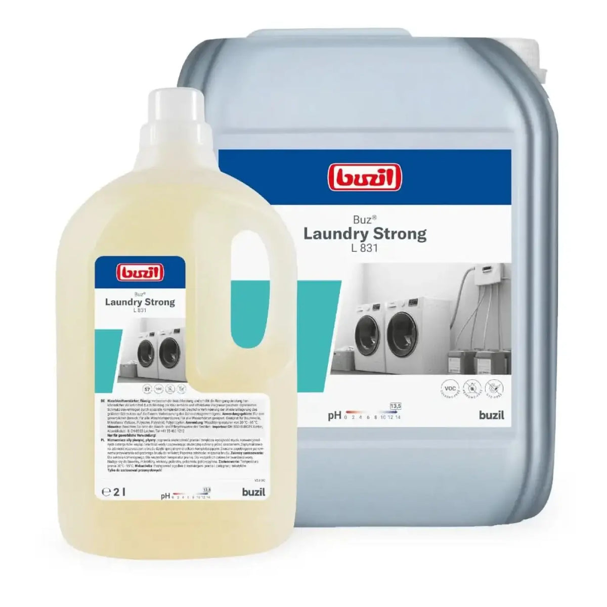 Buzil buz laundry strong l 831 waschmittel in durchsichtigem kunststoffkanister mit blauweißer etikette und großem industriematerial