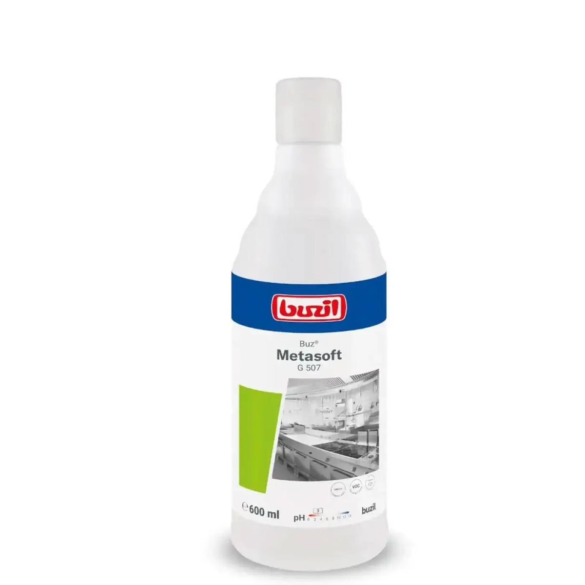 Weiße plastikflasche mit blau-grünem etikett buzil buz metasoft g507 edelstahlreiniger 600ml für küchenoberflächen