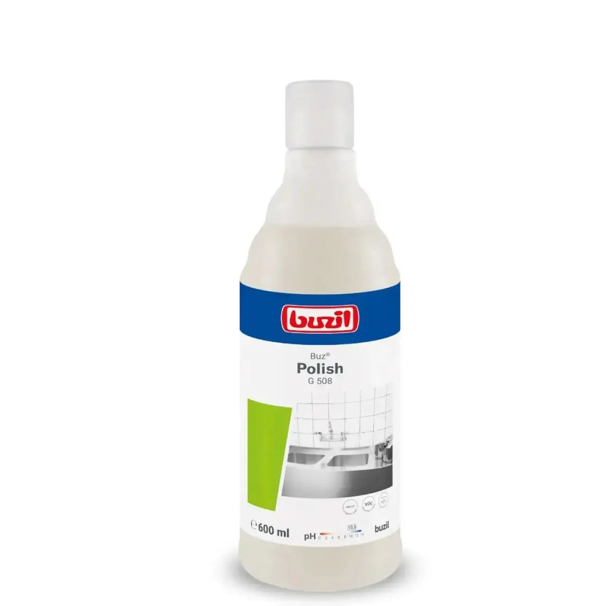 Weiße plastikflasche buzil buzz polish g 508 scheuermilch gebrauchsfertig 600ml mit blau-rotem etikettdesign