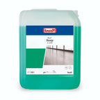 Ein 10-liter behälter buzil g240 industrieseife mit durchsichtig grünem flüssigkeit und blau weiß grünem etikett