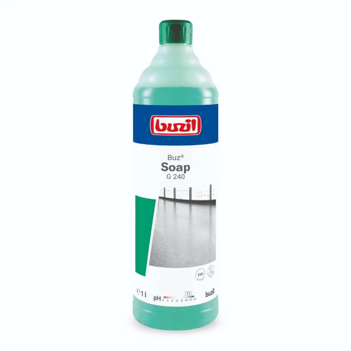 Ein durchscheinend grüner plastikflasche mit passendem deckel und der beschriftung buzil buz soap g240 seifenreiniger 1l