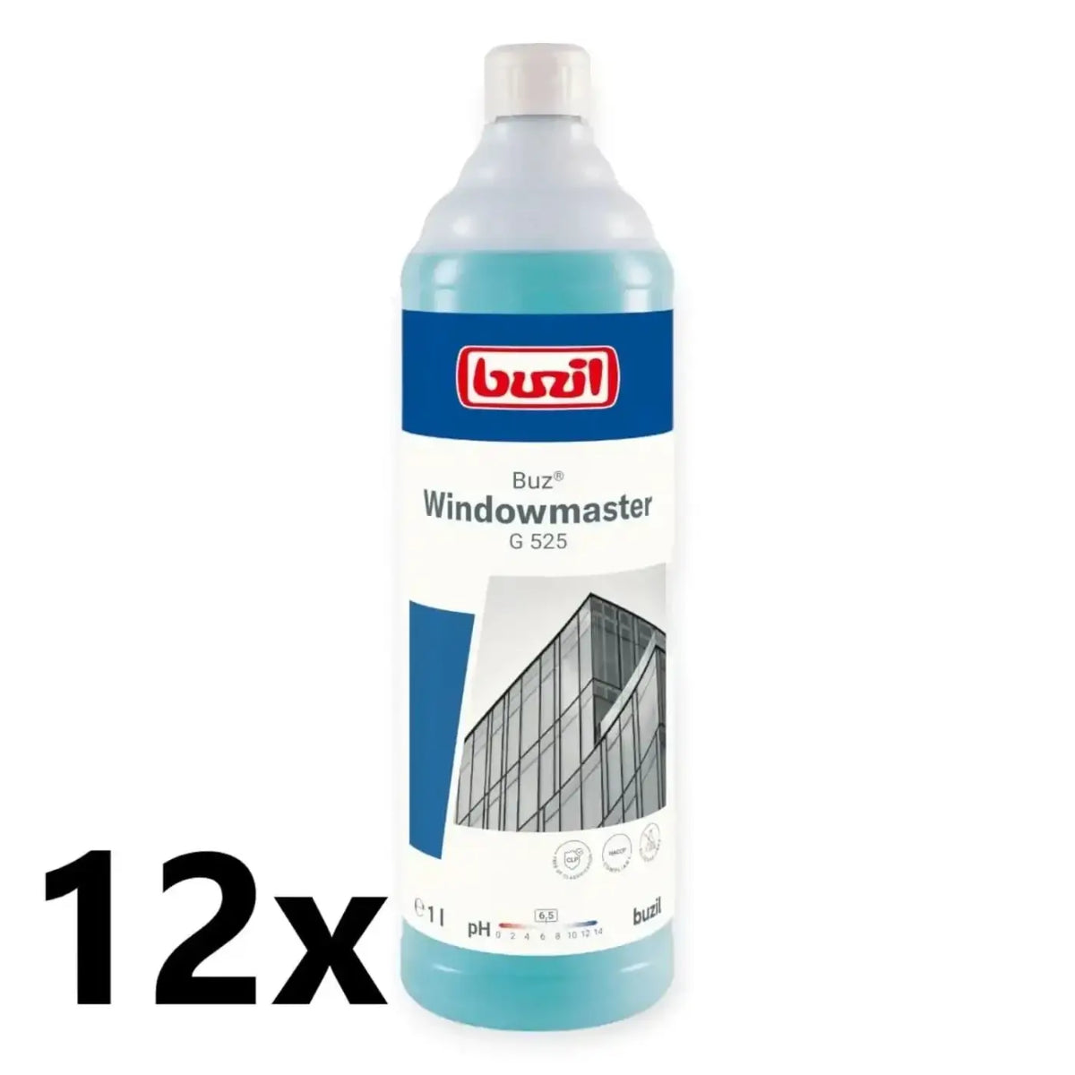 Transluzente hellblaue 1l flasche buzil buz windowmaster g525 glasreiniger mit weißem verschluss und modernem gebäudelabel