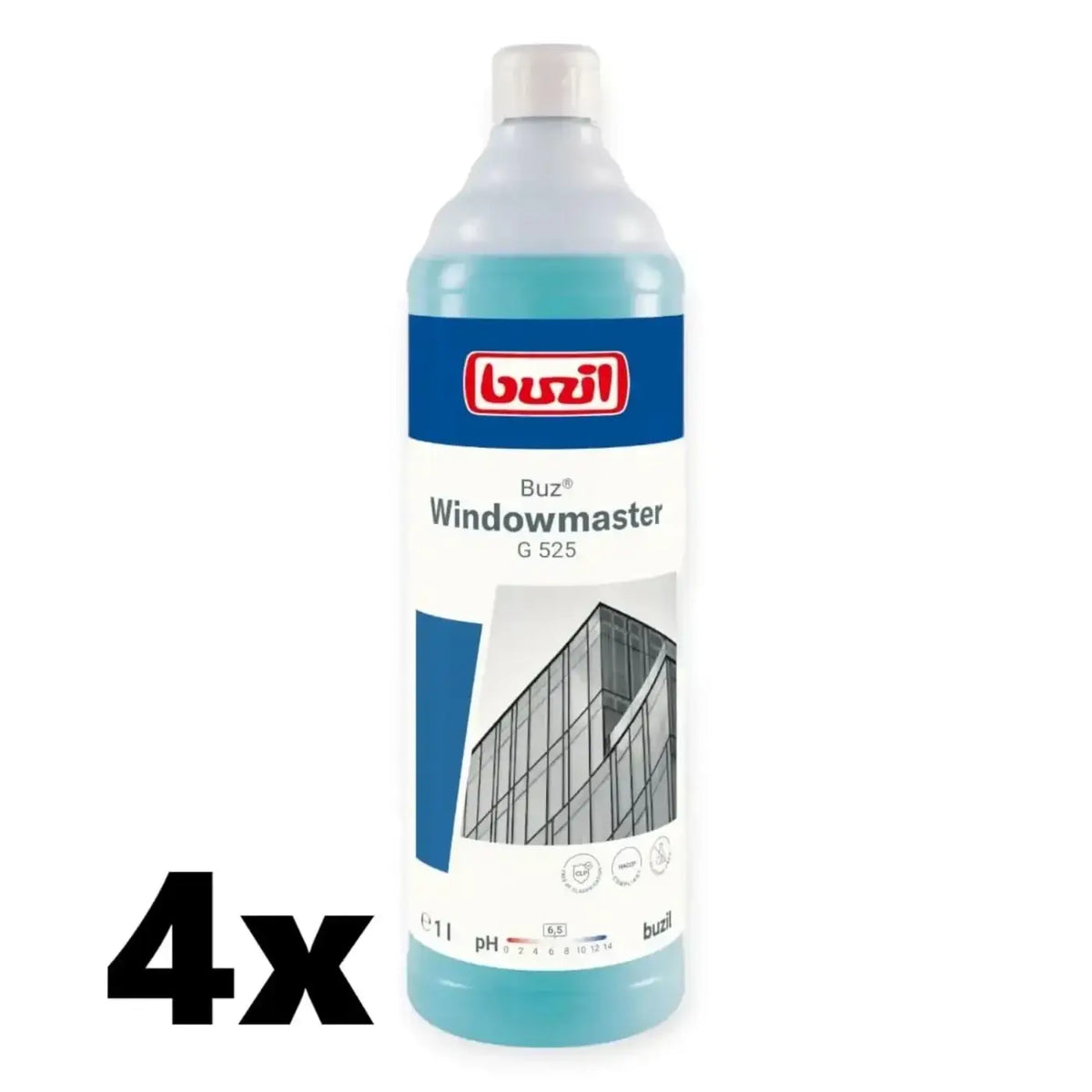 Ein transparent hellblaues sprayflasche mit weißer kappe und buzil buz windowmaster g 525 glasreiniger etikett