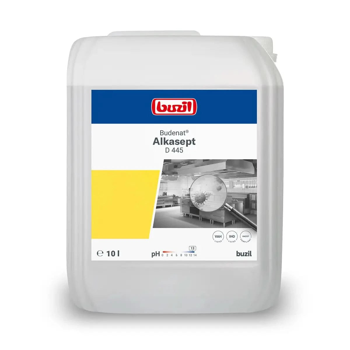 Weißer kunststoffbehälter buzil budenat alkasept d445 10 liter industrielle reinigungslösung mit blau weiß gelbem etikett