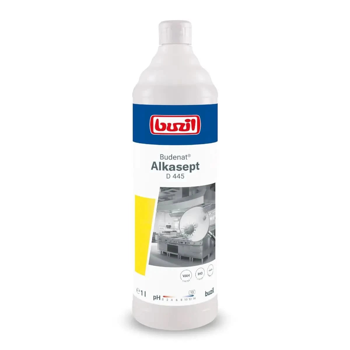 Weiße kunststoffflasche mit blau weißem etiket der marke buzil und produktlinie budenat alkasept d 445 1l