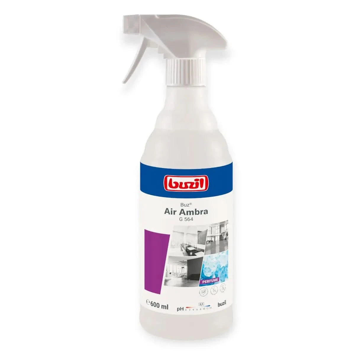 Weiße plastik-sprühflasche mit blau-weißem label der marke buzil air ambra g 564 raumspray 600 ml