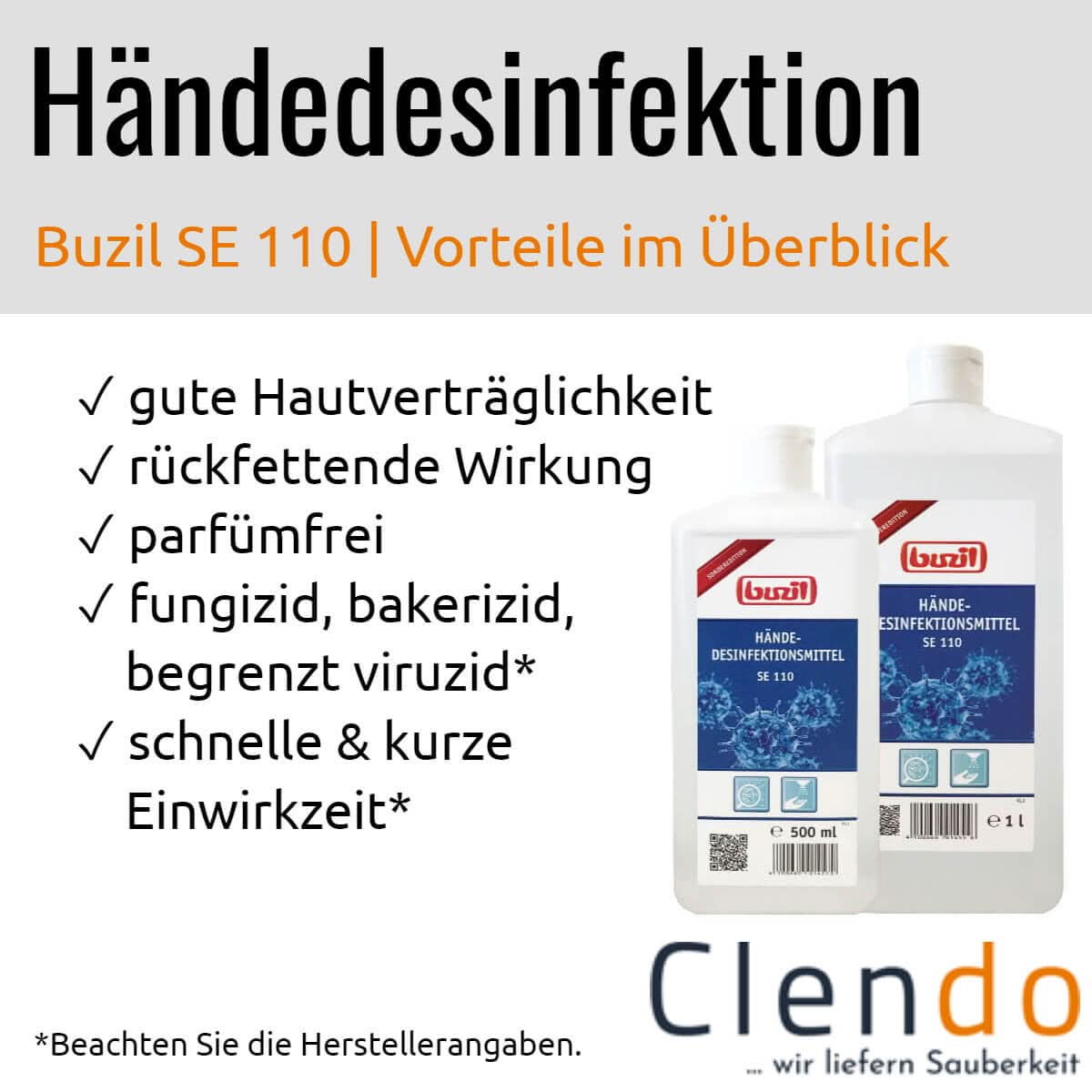 Weiße plastikflasche des buzil se 110 handdesinfektionsmittels mit blauem etikett und rotem streifen
