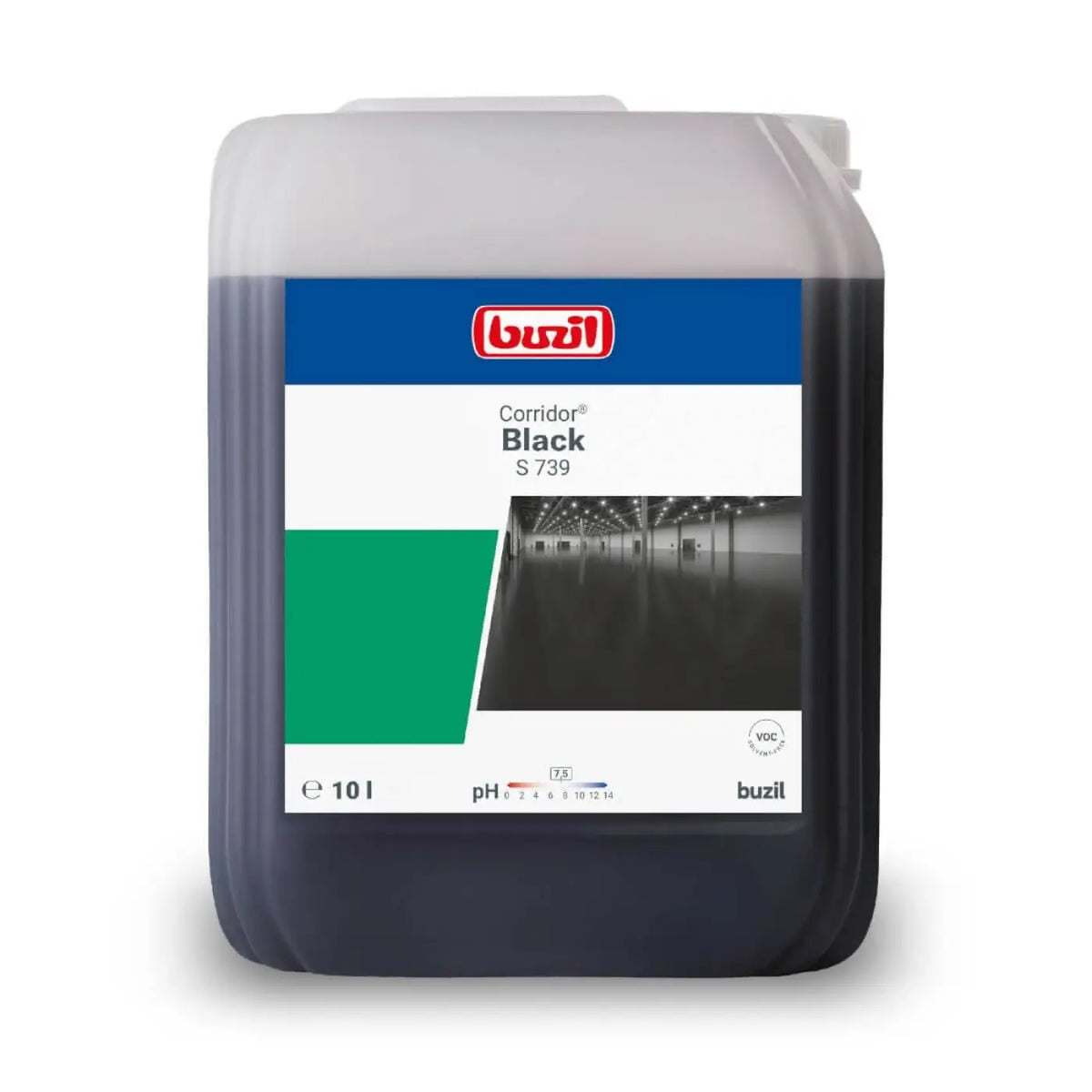 Buzil corridor black s739 bodenbeschichtung 10l container mit schwarzer flüssigkeit und weiß blau grünem etikett