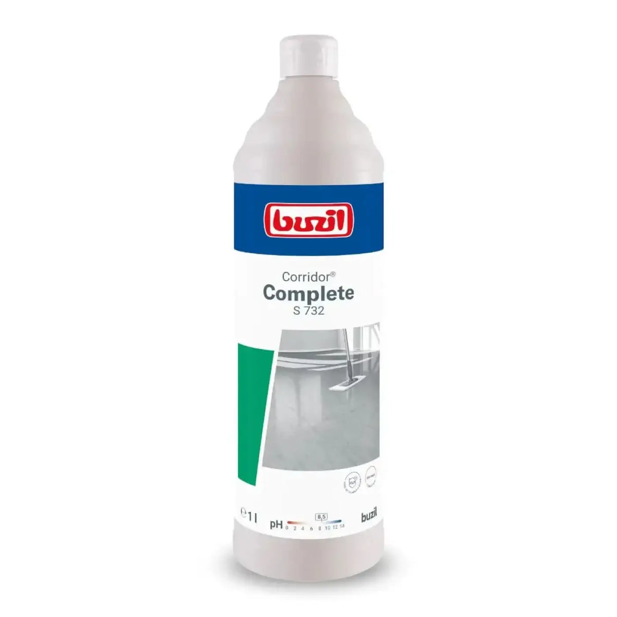 Weiße kunststoffflasche buzil corridor complete s732 bodenreiniger mit blaugrünem etikett inhalt 1 liter