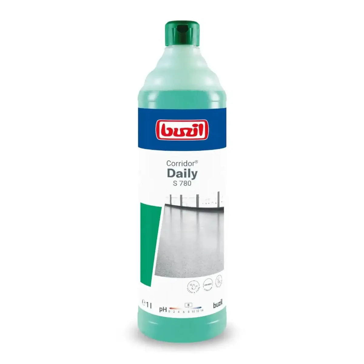 Eine durchscheinend grüne flasche buzil corridor daily s 780 bodenreiniger mit grünem deckel und weißer schrift auf dem etikett